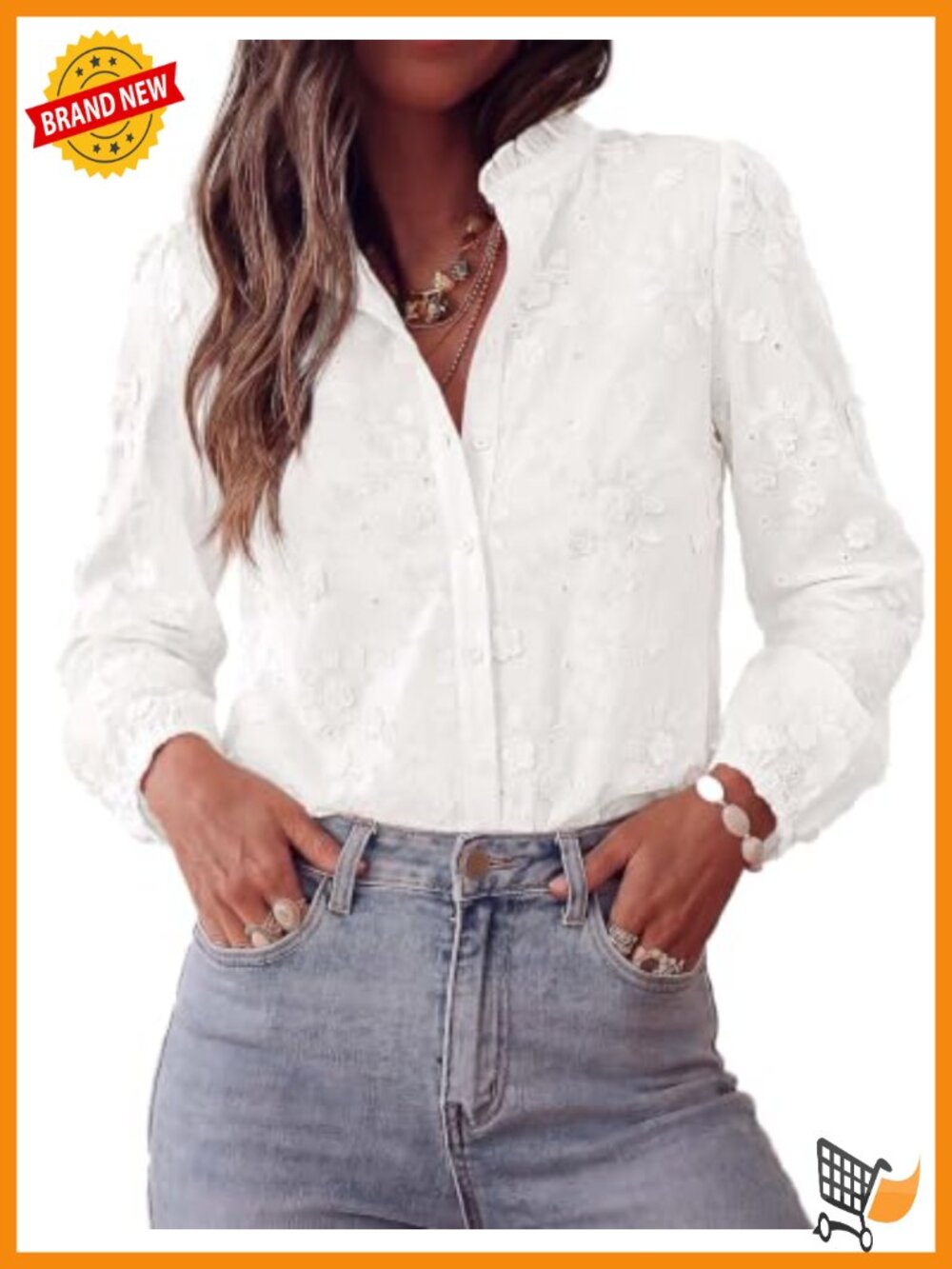Women's Floral Embroidered Button Down Blouse Crew Neck Long Sleeve Work Top
